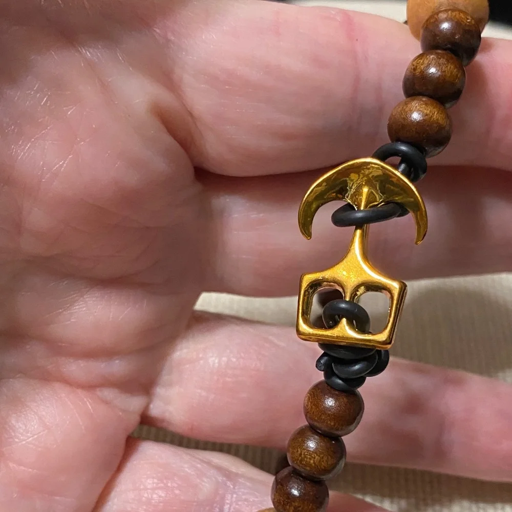 Brown two tone wood Beaded 8” long Bracelet with Gold anchor and loop Clasp